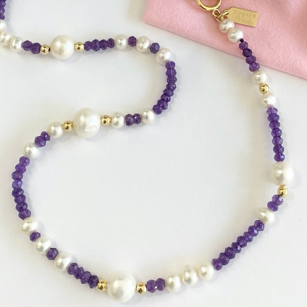 Freshwater Pearl, Amethyst & 14K Gold Necklace - Picture 4 of 7